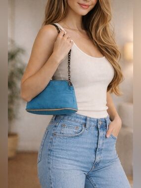 Hermès Canvas Shoulder Bag Blue Teal w/ Gunmetal Chain Strap Small Baguette